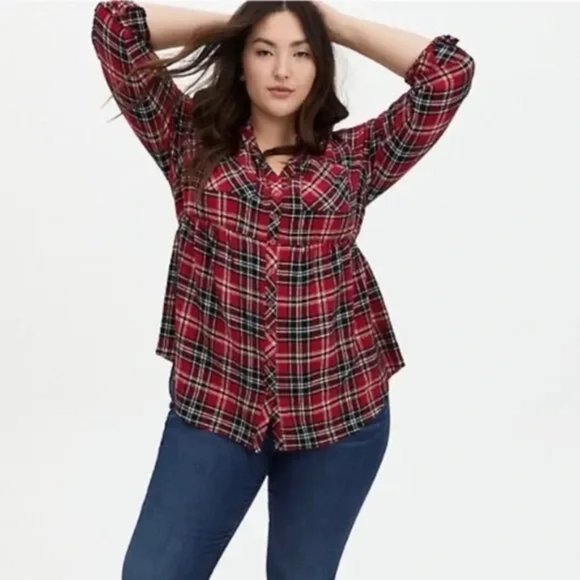 Torrid Red Plaid Longsleeved Babydoll Top - Size 2 - Picture 1 of 7